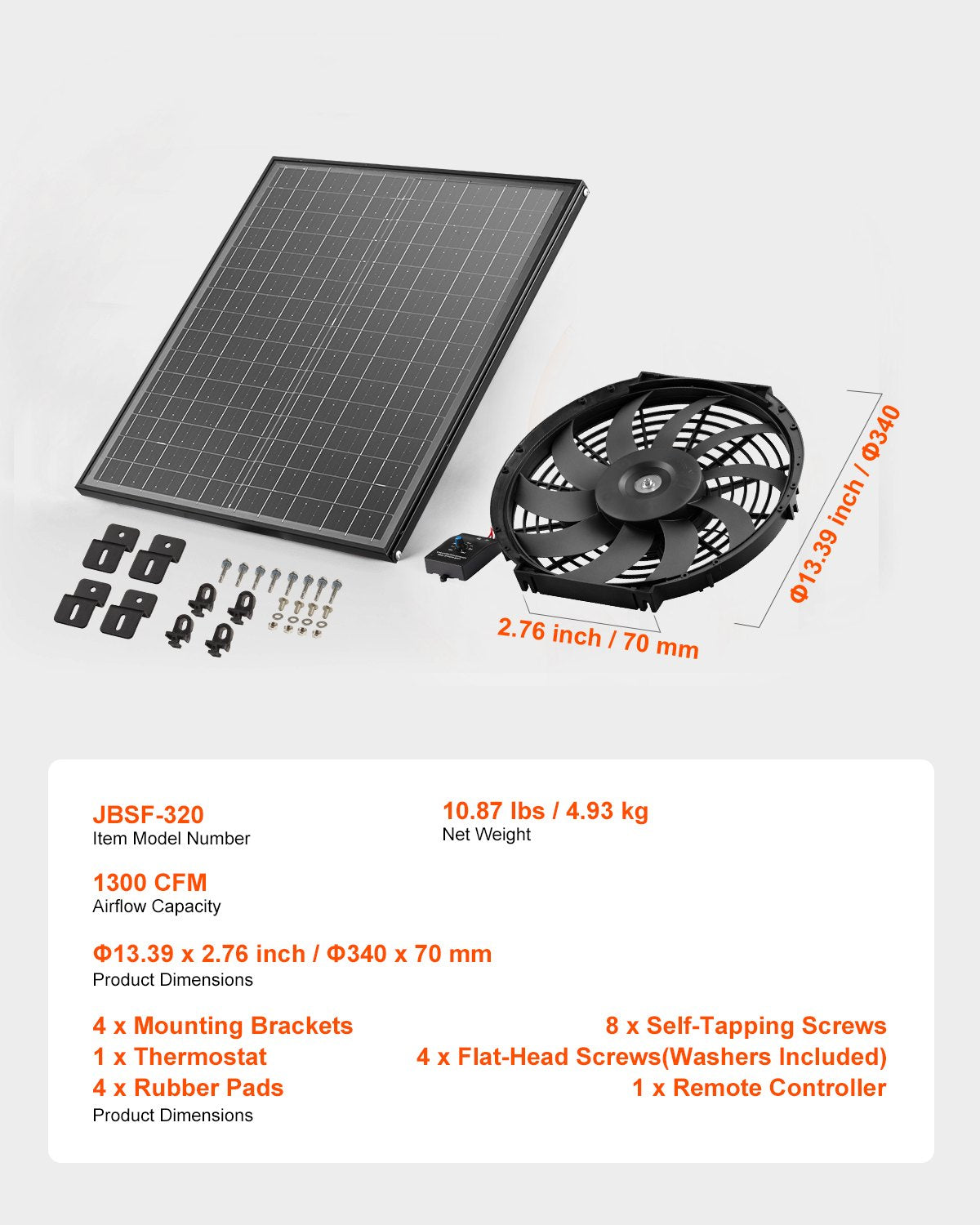 Gavelmonterad fläkt, 12 tums solenergidriven vindsfläkt med justerbar termostat och yttre nät, 1300 CFM husfläkt kyler upp till 1850 kvm, tyst ventilation för tak, garage, butik, svart