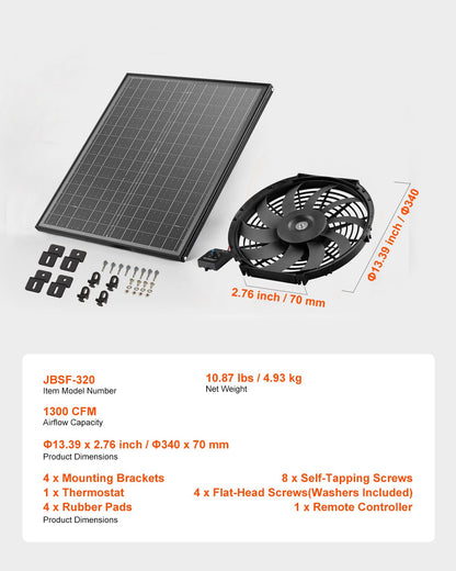 Gavelmonterad fläkt, 12 tums solenergidriven vindsfläkt med justerbar termostat och yttre nät, 1300 CFM husfläkt kyler upp till 1850 kvm, tyst ventilation för tak, garage, butik, svart