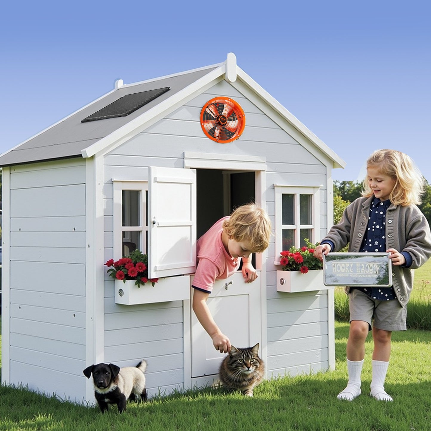 Gavelmonterad fläkt, 14 tums solenergidriven vindsfläkt med justerbar termostat och yttre nät, 1300 CFM husfläkt kyler upp till 1850 kvm, tyst ventilation för tak, garage, butik, svart