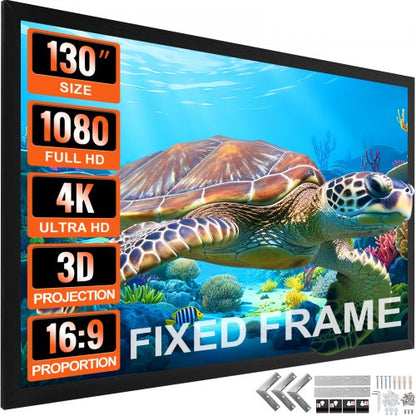 130Inch Projection Screen 16:9 4K HDTV Movie Screen Fixed Frame 3D Projector Screen for 4K HDTV Movie Theater Outdoor Use(130inch)