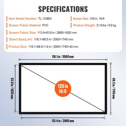 130Inch Projection Screen 16:9 4K HDTV Movie Screen Fixed Frame 3D Projector Screen for 4K HDTV Movie Theater Outdoor Use(130inch)