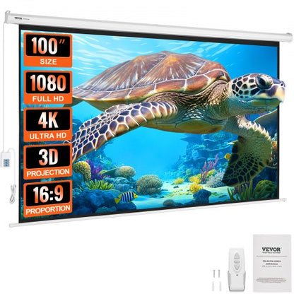 Motorized Projector Screen, 100 inch 16:9 4K 1080 HD Electric Projector Screen, Automatic Projection Screen with Remote Control, Wall Mount Movie Screen for Family Home Office Theater