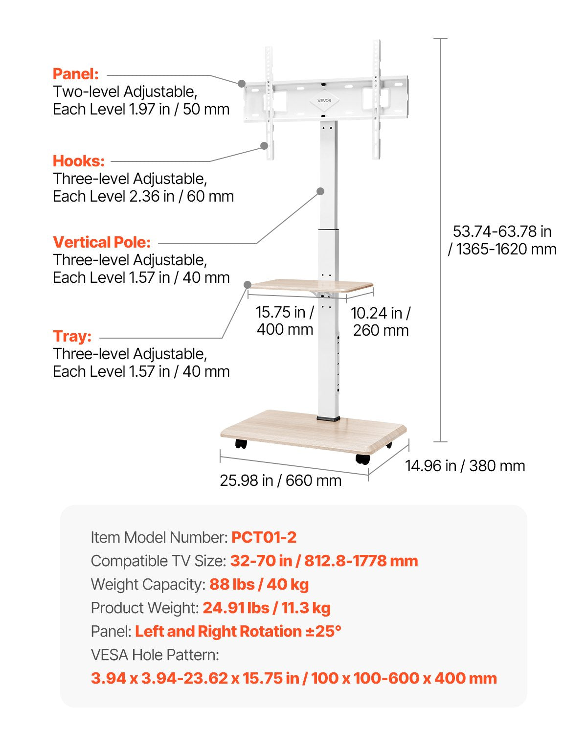 Rolling TV Stand, Mobile TV Cart for 32-70 Inch Screens, 25° Left-Right Rotation and Height Adjustable TV Mount with Tray, Holds up to 88 lbs for Corner, Bedroom, Outdoor, Max VESA 600x400mm