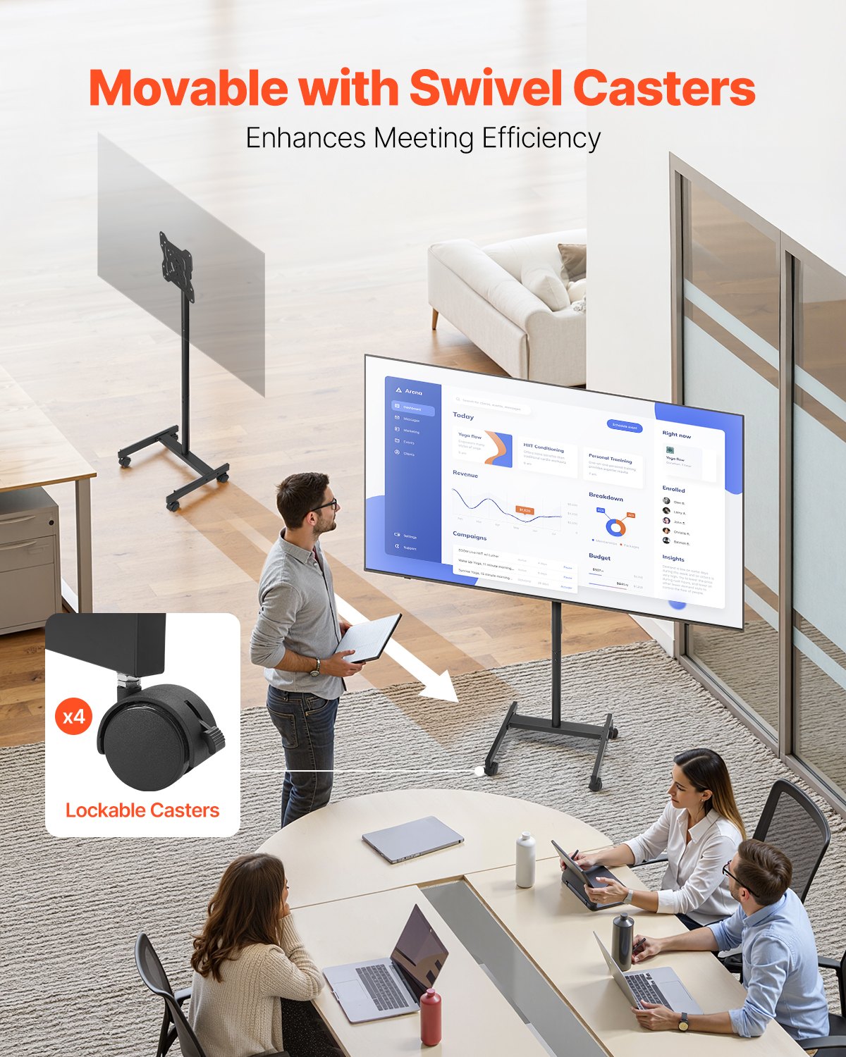 Rullande TV-stativ, mobil TV-vagn för 17-55 tums skärmar, stående till liggande, bärbart TV-stativ med hjul, rymmer upp till 22 kg för vardagsrum, sovrum, kontor, utomhusbruk, max VESA 200x200 mm