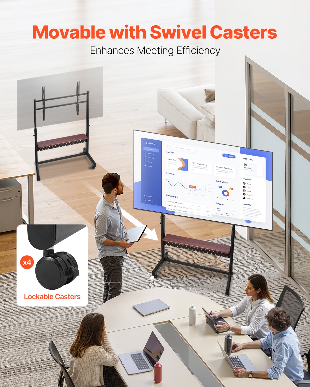 Rullande TV-stativ, mobil TV-vagn för 55-100 tums skärmar, höjdjusterbart bärbart skärmstativ med bricka, rymmer upp till 90 kg för vardagsrum, sovrum, kontor, utomhusbruk Max VESA 800 x 600 mm