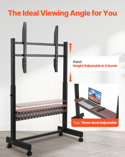 Rullande TV-stativ, mobil TV-vagn för 55-100 tums skärmar, höjdjusterbart bärbart skärmstativ med bricka, rymmer upp till 90 kg för vardagsrum, sovrum, kontor, utomhusbruk Max VESA 800 x 600 mm