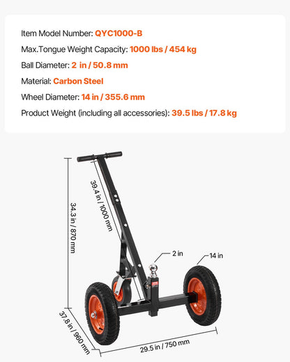 Trailer Dolly, 1000lbs Tongue Weight Capacity, Carbon Steel Trailer Mover with 2 inch Ball, 14 inch Pneumatic Tires, Portable Tow Dolly for Moving RV Trailer