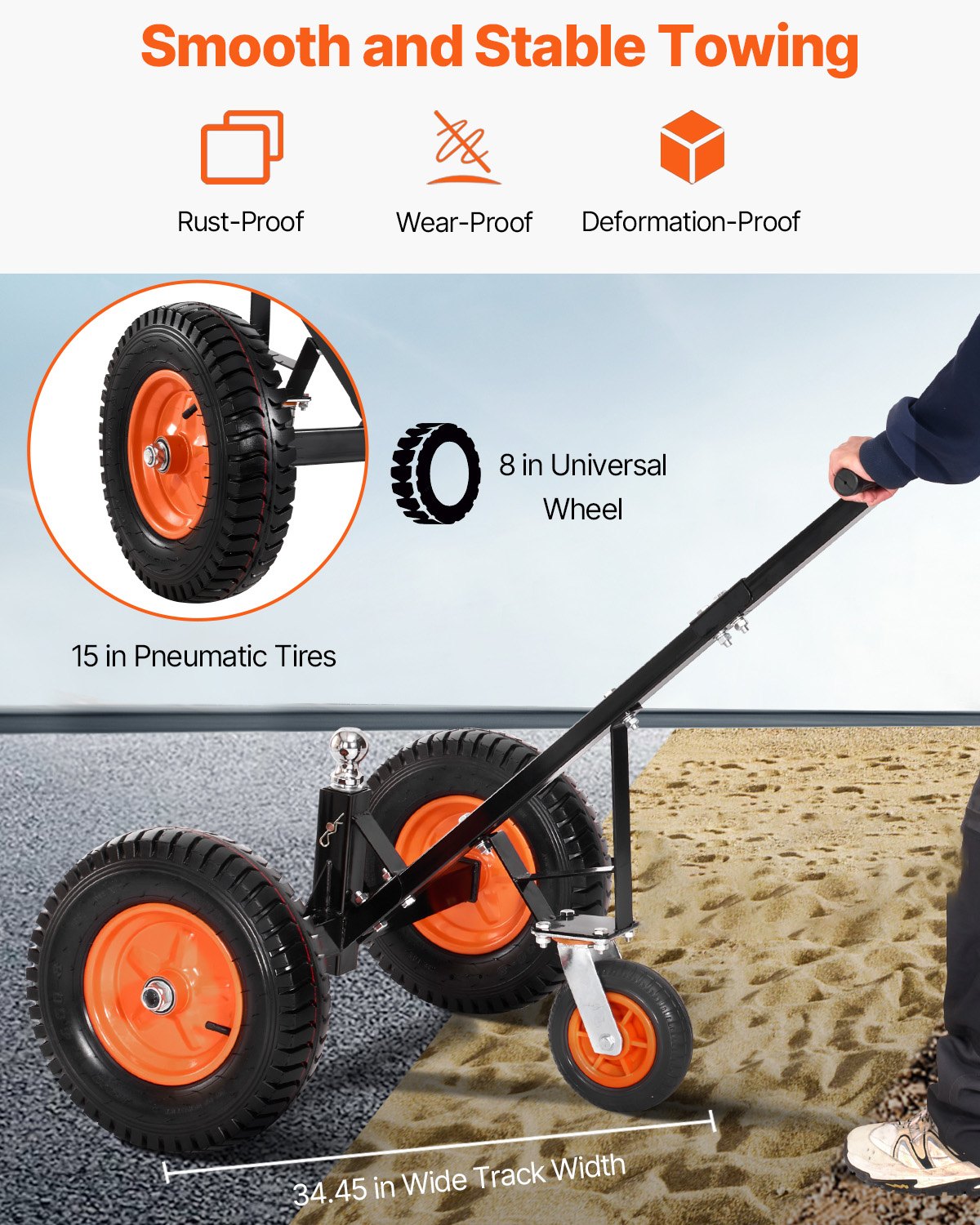 Släpvagnsvagn, 1200 kg tungviktskapacitet, släpvagnsflyttmaskin i kolstål med 2 tums kula, 15,2 tums pneumatiska däck, bärbar dragvagn för flytt av husvagn