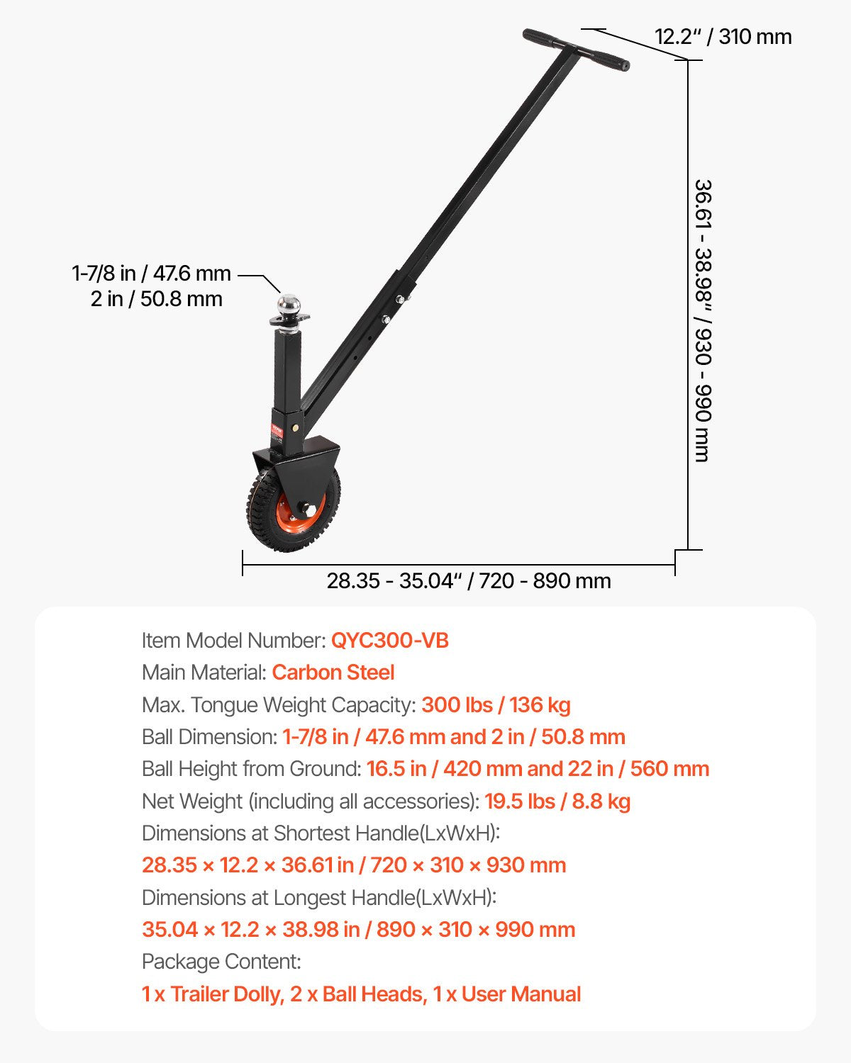 Släpvagnsvagn, 136 kg tungviktskapacitet, höjdjusterbar släpvagnsvagn för 40 cm och 50 cm, med 3,8 mm och 5 cm kulor, 20 cm pneumatiska gummidäck, för flytt av husbilssläpvagn