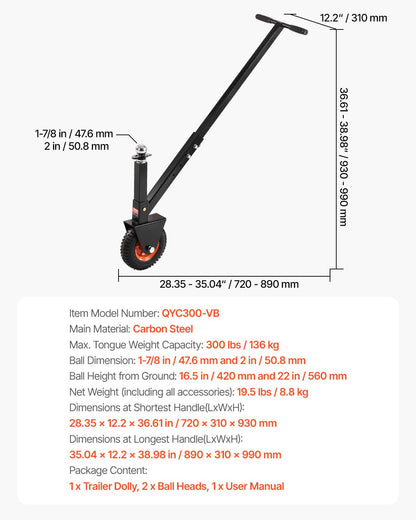 Släpvagnsvagn, 136 kg tungviktskapacitet, höjdjusterbar släpvagnsvagn för 40 cm och 50 cm, med 3,8 mm och 5 cm kulor, 20 cm pneumatiska gummidäck, för flytt av husbilssläpvagn