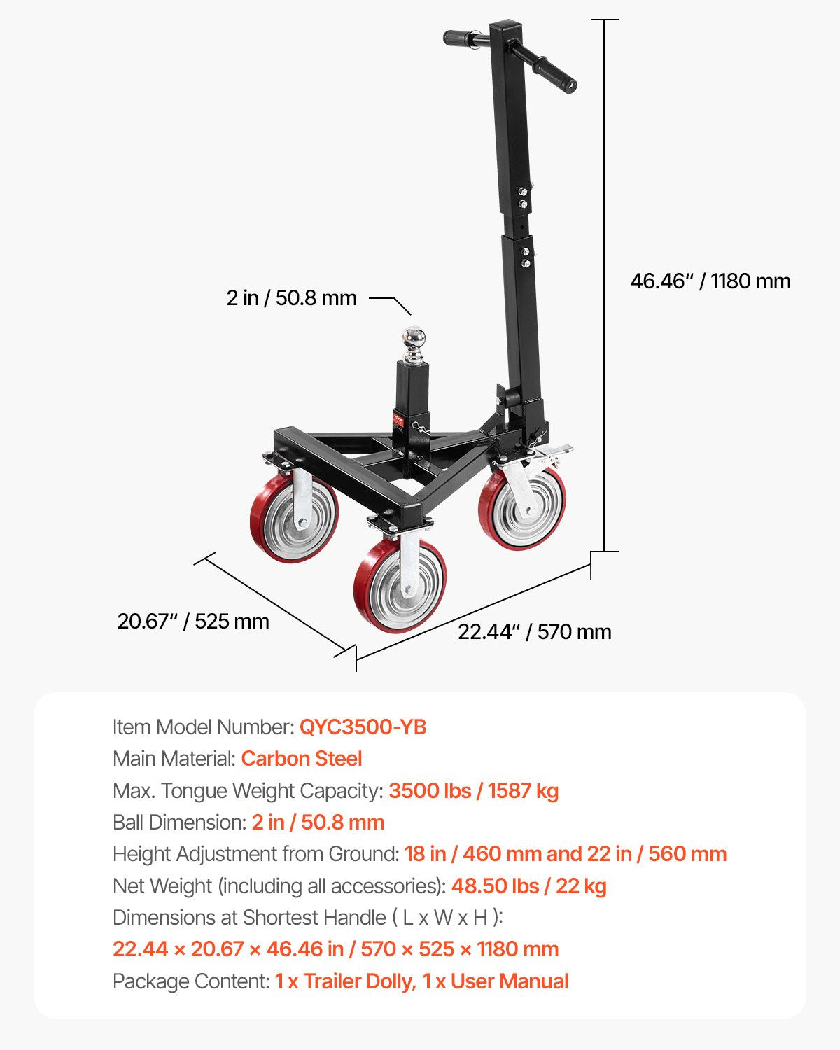 Trailer Dolly, 3500lbs Tongue Weight Capacity, 18 inch and 22 inch Height Adjustable Trailer Dolly, with 2 inch Hitch Ball, Adjustable Handle Length, 8-inch Swivel Wheels, for Moving RV Trailer