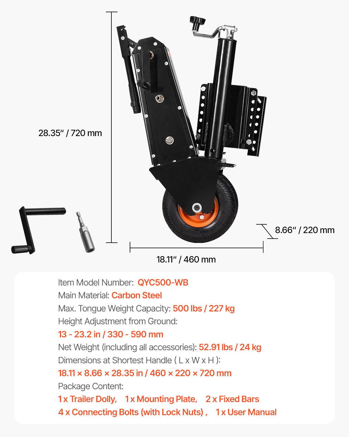 Släpvagnsvagn, 500 kg tungviktskapacitet, 13 tum-23,2 tum höjdjusterbar släpvagnsvagn, 9-tums pneumatiska gummidäck, manuell eller elektrisk skiftnyckeldrift, för flytt av husbilssläpvagn