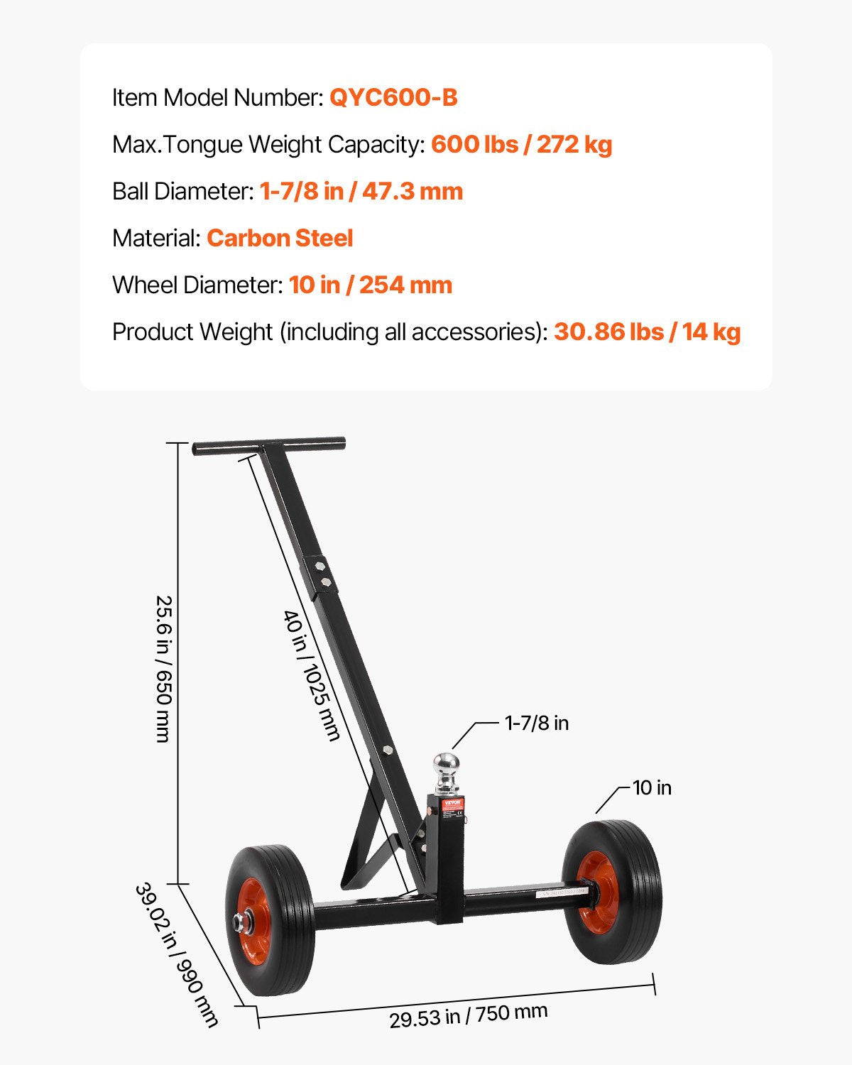 Trailer Dolly, 600lbs Tongue Weight Capacity, Carbon Steel Trailer Mover with 1-7/8 in Hitch Ball and 10 in Solid Tires, Portable Tow Dolly for Moving Car RV Boat Trailer