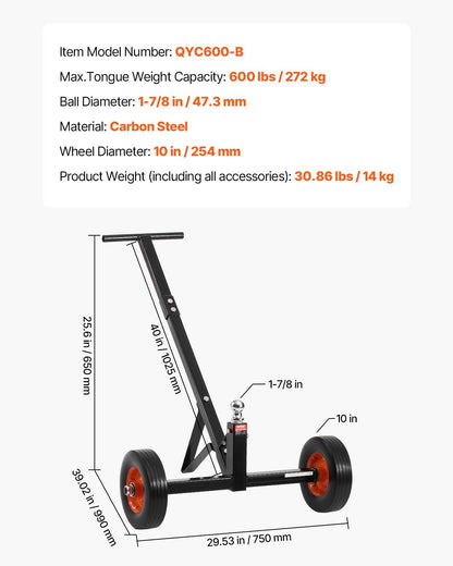 Trailer Dolly, 600lbs Tongue Weight Capacity, Carbon Steel Trailer Mover with 1-7/8 in Hitch Ball and 10 in Solid Tires, Portable Tow Dolly for Moving Car RV Boat Trailer