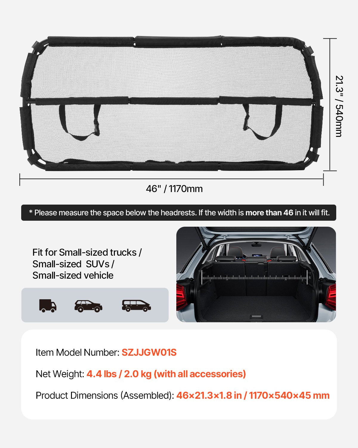 Hundskydd för bil, 112 cm bred bildäckare för lastutrymme, fordonsskydd för husdjur med genomskinligt nät, universalskydd för hundskydd för små stadsjeepar, lastbilar och fordon, svart