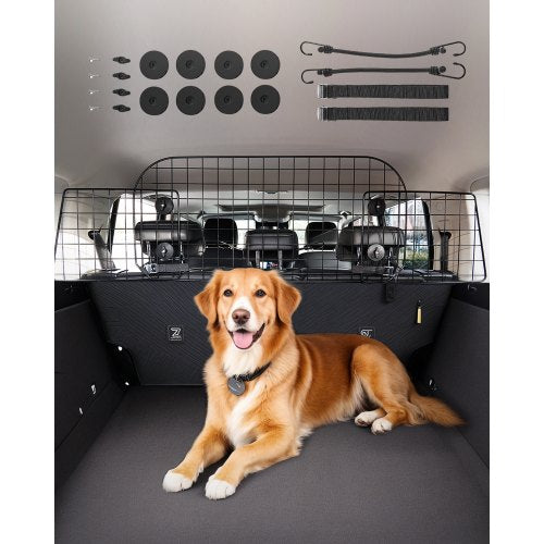 Dog Car Barrier, 38"-66.3" Adjustable Car Divider for Trunk Cargo Area, Universal-Fit Back Seat Heavy-Duty Wire Mesh Dogs Separator Guard Net, Vehicle Pet Barrier for Sedans, Trucks and SUVs