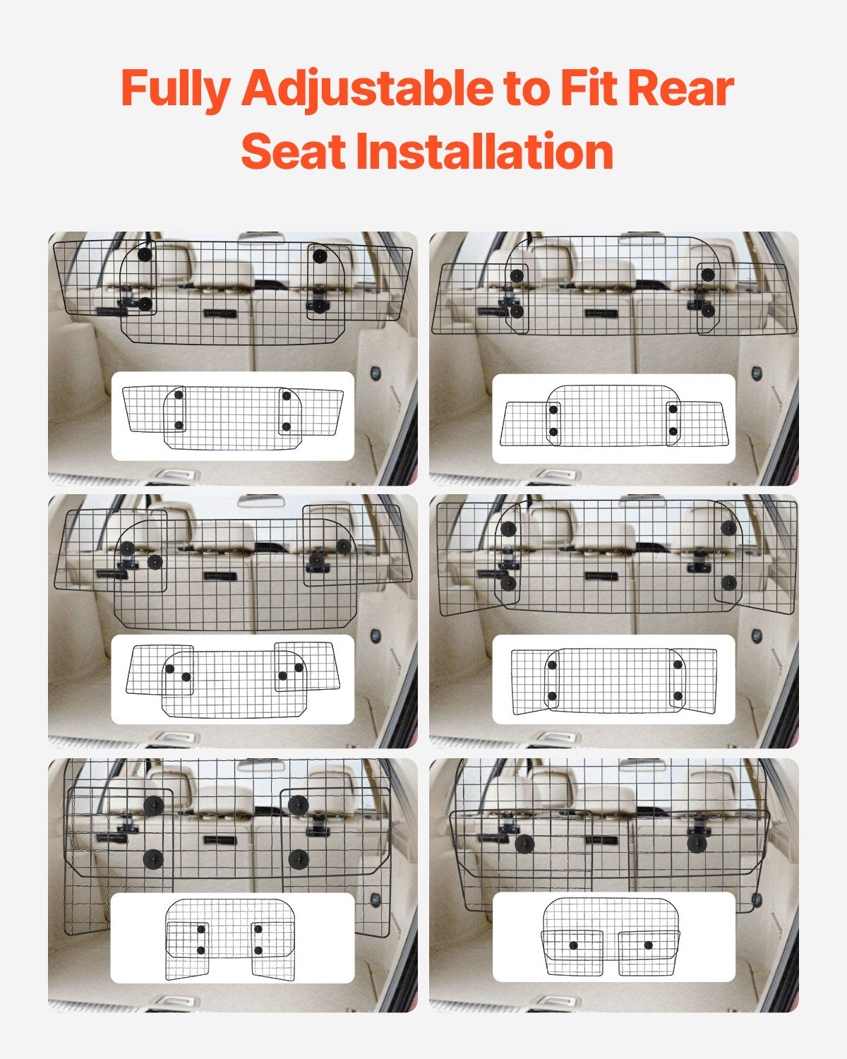 Dog Car Barrier, 38"-66.3" Adjustable Car Divider for Trunk Cargo Area, Universal-Fit Back Seat Heavy-Duty Wire Mesh Dogs Separator Guard Net, Vehicle Pet Barrier for Sedans, Trucks and SUVs