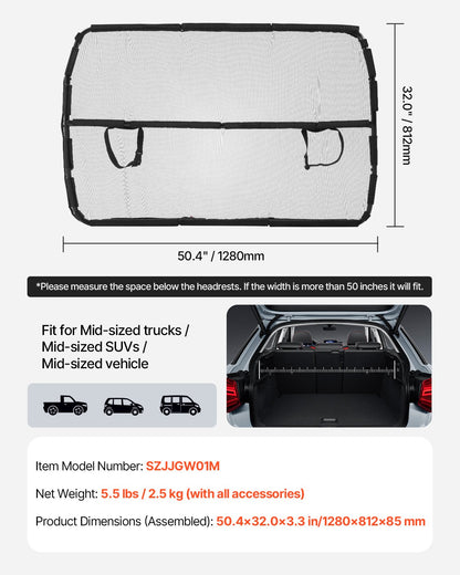 Hundskydd i bilen, 125 cm bred avdelare för montering i framsäten, hundskydd i fordon med genomskinligt nät, universalskydd för hundar i bilen för medelstora sedaner, lastbilar och stadsjeepar, svart