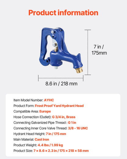 Frostfri utomhuskran, fryssäker trädgårdspost komplett huvudenhet, med G 1" galvaniserad rörgänga och G 3/4" slanganslutning för bevattning av gård, trädgård och betesmark (rör ingår ej)