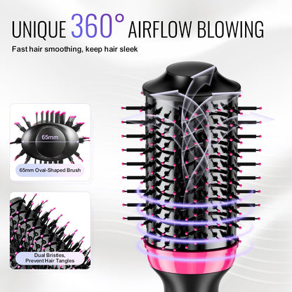 Hair Blow Dryer Brush, 4 in 1 Ionic Hair Dryer and Styler Volumizer with 65mm Ceramic Coating Oval Barrel & 3 Heat Settings, Professional Hot Air Styling Brush for Straightening Drying Curling