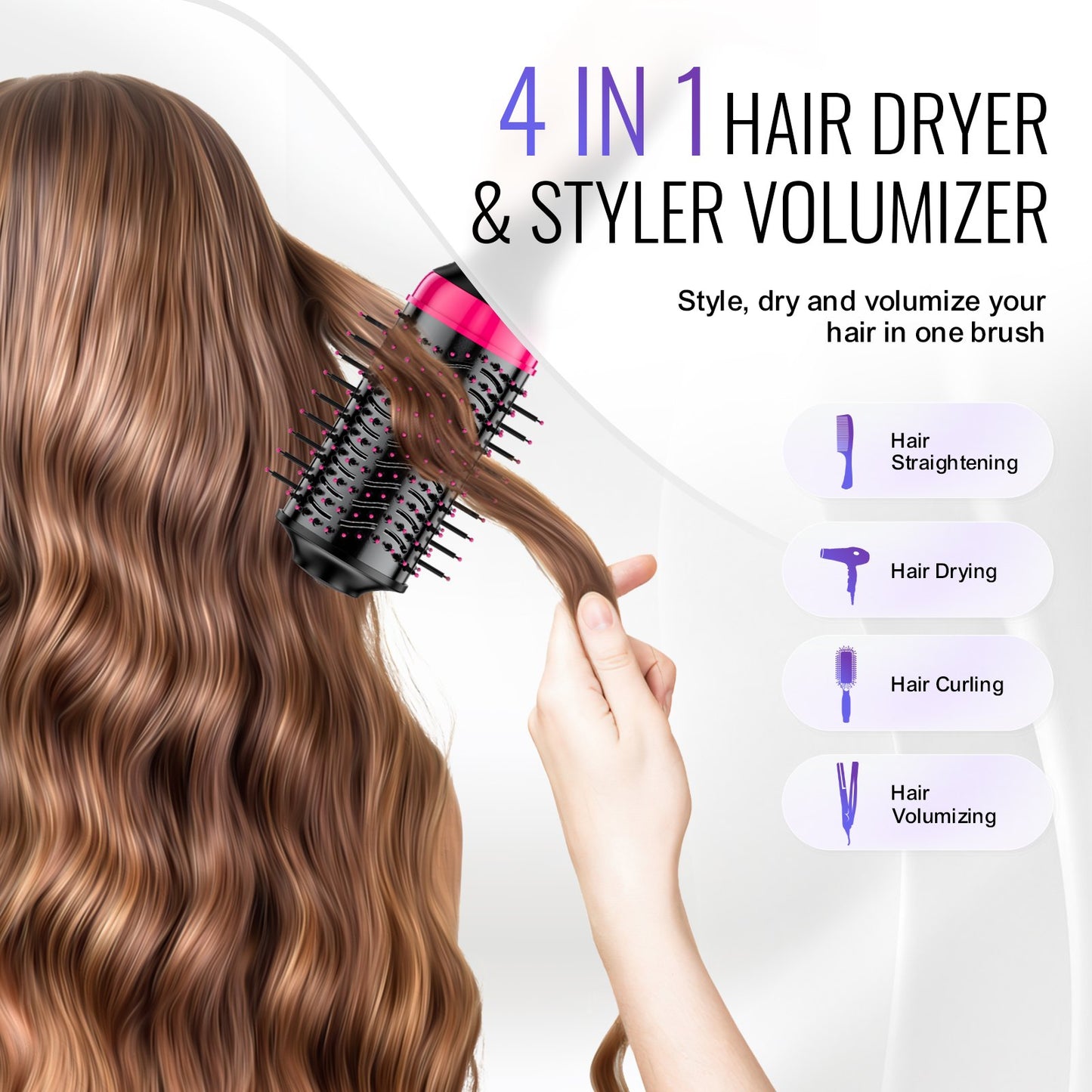 Hair Blow Dryer Brush, 4 in 1 Ionic Hair Dryer and Styler Volumizer with 65mm Ceramic Coating Oval Barrel & 3 Heat Settings, Professional Hot Air Styling Brush for Straightening Drying Curling