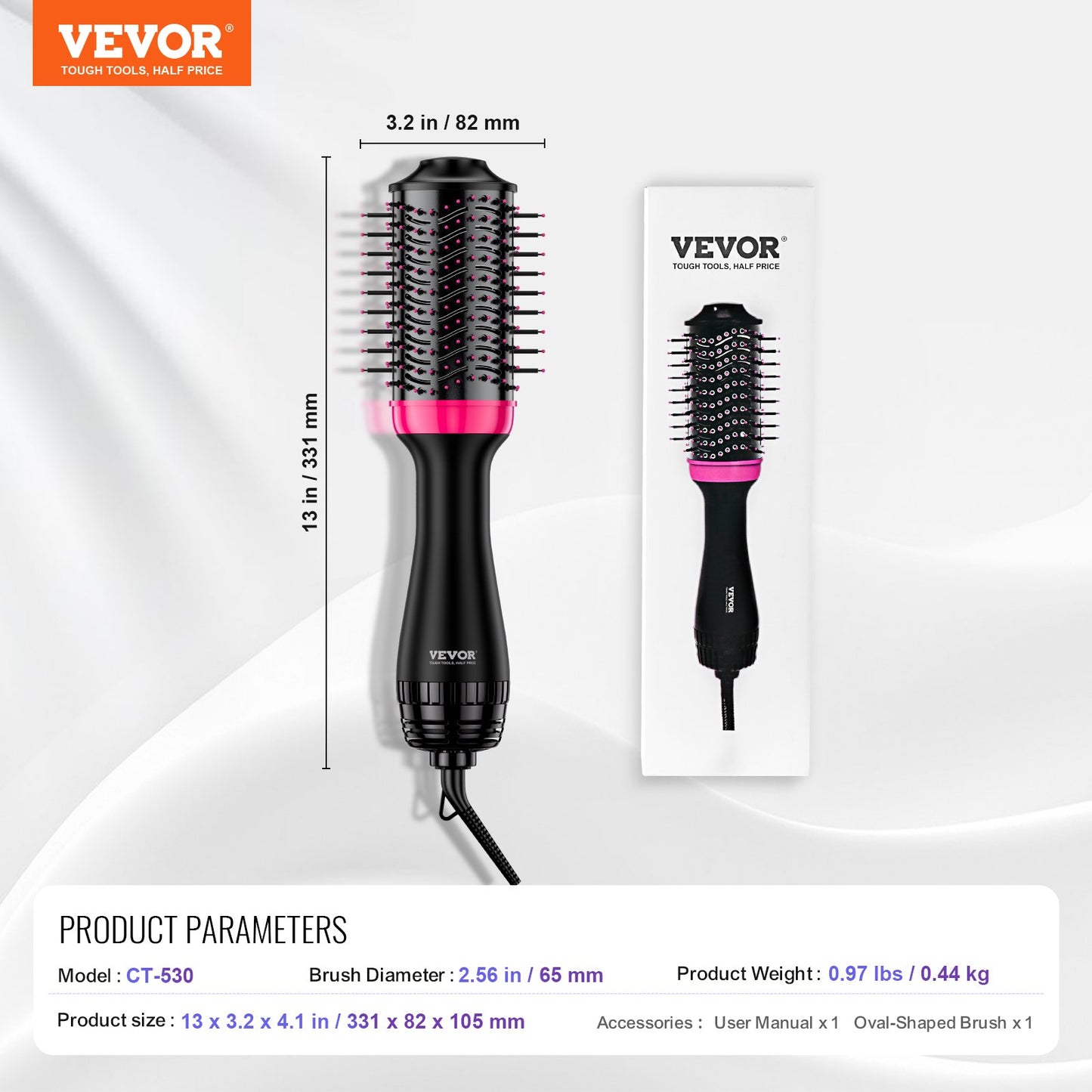 Hair Blow Dryer Brush, 4 in 1 Ionic Hair Dryer and Styler Volumizer with 65mm Ceramic Coating Oval Barrel & 3 Heat Settings, Professional Hot Air Styling Brush for Straightening Drying Curling