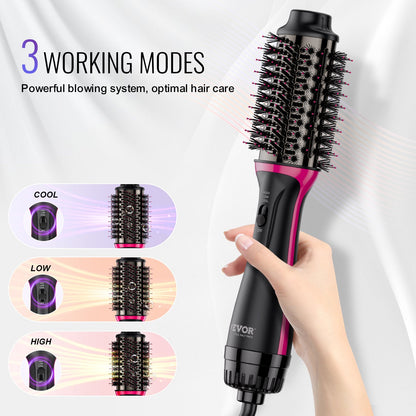 Hair Blow Dryer Brush, 4 in 1 Ionic Hair Dryer Styler and Volumizer with Electroplated Titanium & 65mm Ceramic Coating Oval Barrel, 3-Temp Hot Air Styling Brush for Drying Straightening Curling