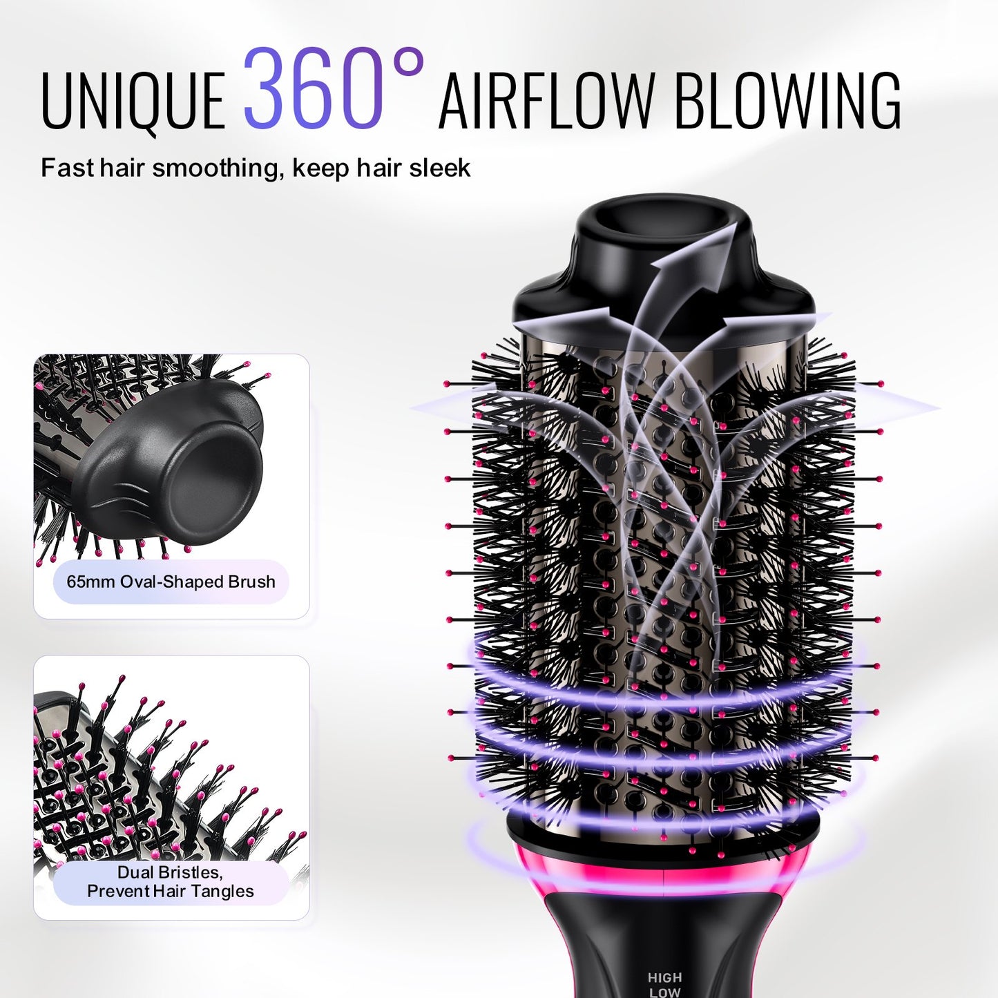 Hair Blow Dryer Brush, 4 in 1 Ionic Hair Dryer Styler and Volumizer with Electroplated Titanium & 65mm Ceramic Coating Oval Barrel, 3-Temp Hot Air Styling Brush for Drying Straightening Curling