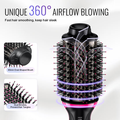 Hair Blow Dryer Brush, 4 in 1 Ionic Hair Dryer Styler and Volumizer with Electroplated Titanium & 65mm Ceramic Coating Oval Barrel, 3-Temp Hot Air Styling Brush for Drying Straightening Curling