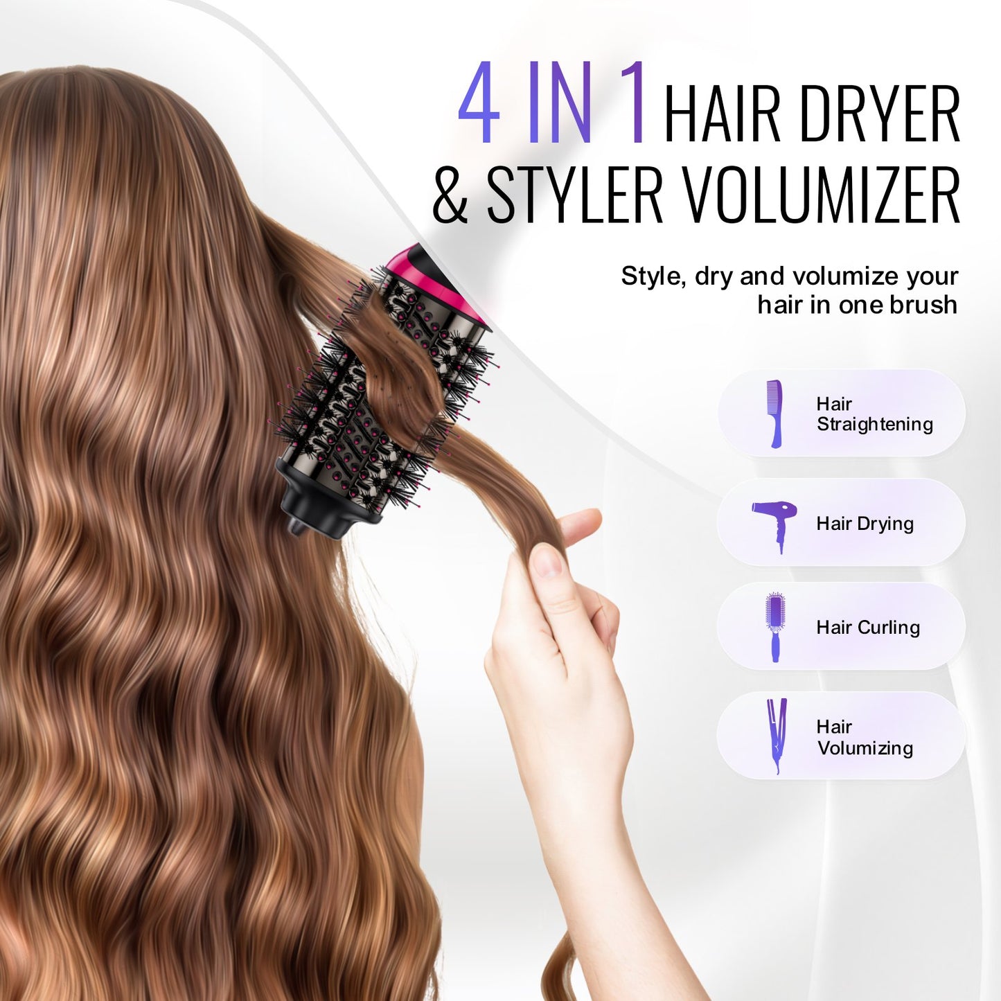 Hair Blow Dryer Brush, 4 in 1 Ionic Hair Dryer Styler and Volumizer with Electroplated Titanium & 65mm Ceramic Coating Oval Barrel, 3-Temp Hot Air Styling Brush for Drying Straightening Curling