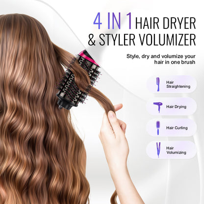 Hair Blow Dryer Brush, 4 in 1 Ionic Hair Dryer Styler and Volumizer with Electroplated Titanium & 65mm Ceramic Coating Oval Barrel, 3-Temp Hot Air Styling Brush for Drying Straightening Curling