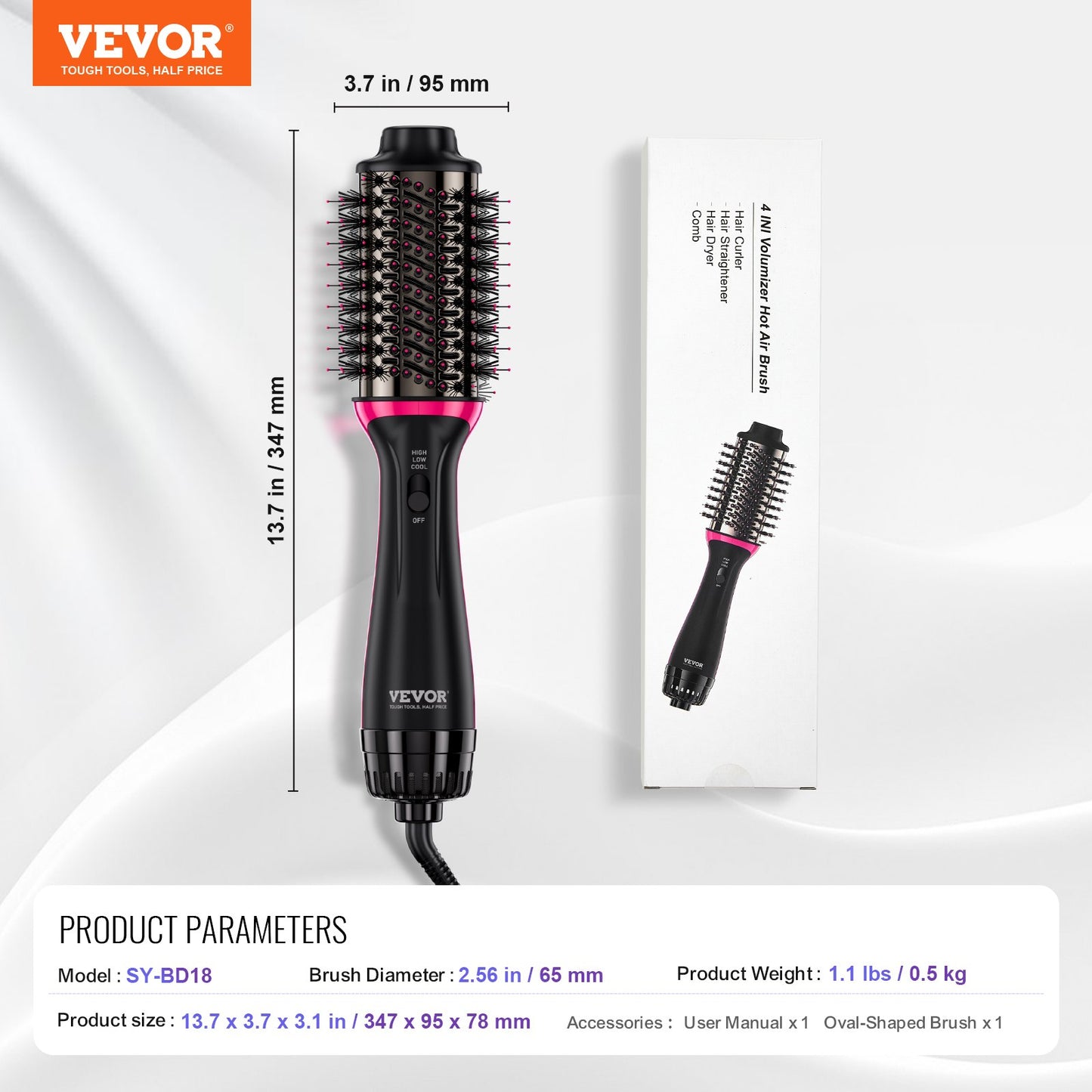 Hair Blow Dryer Brush, 4 in 1 Ionic Hair Dryer Styler and Volumizer with Electroplated Titanium & 65mm Ceramic Coating Oval Barrel, 3-Temp Hot Air Styling Brush for Drying Straightening Curling