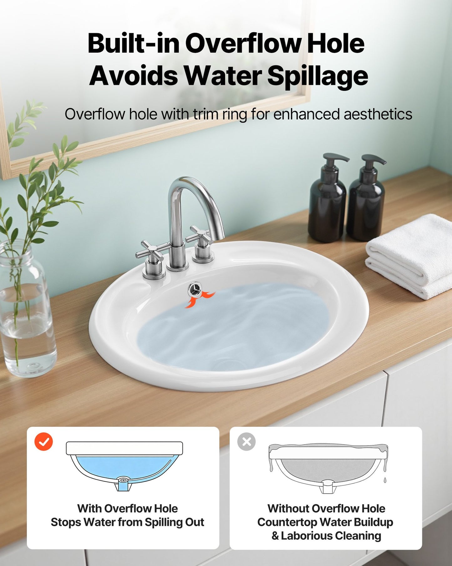 Halvt infällt handfat, 485 x 425 mm ovalt vitt keramikhandfat med överfyllning och 3 kranhål, nedsänkbart modernt toalettställ för badkar/tvättställ för små utrymmen