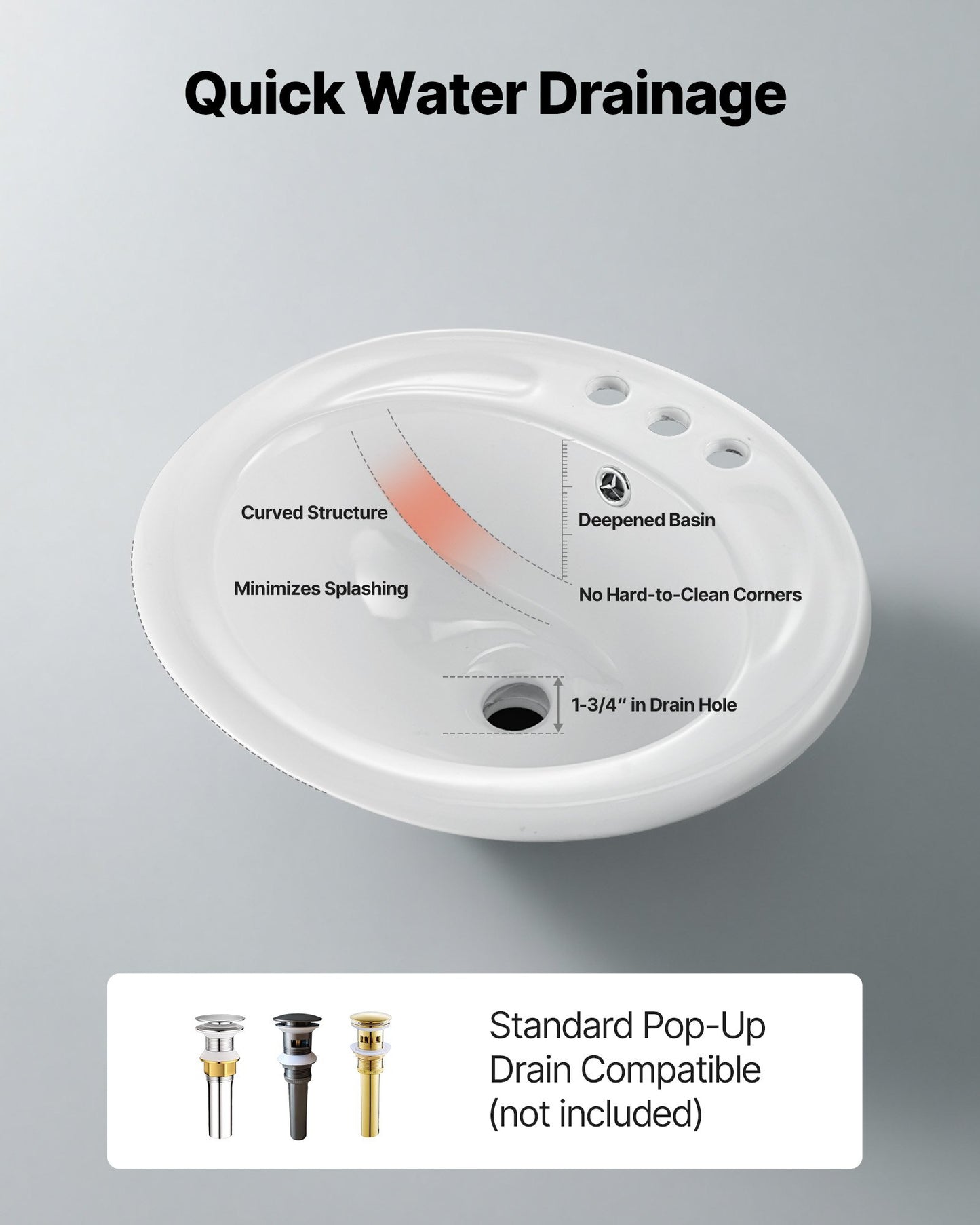 Halvt infällt handfat, 485 x 425 mm ovalt vitt keramikhandfat med överfyllning och 3 kranhål, nedsänkbart modernt toalettställ för badkar/tvättställ för små utrymmen