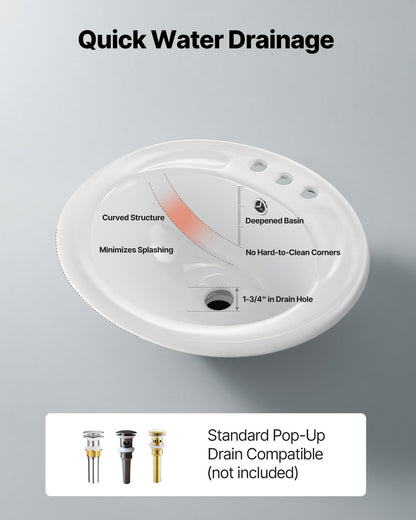 Halvt infällt handfat, 485 x 425 mm ovalt vitt keramikhandfat med överfyllning och 3 kranhål, nedsänkbart modernt toalettställ för badkar/tvättställ för små utrymmen