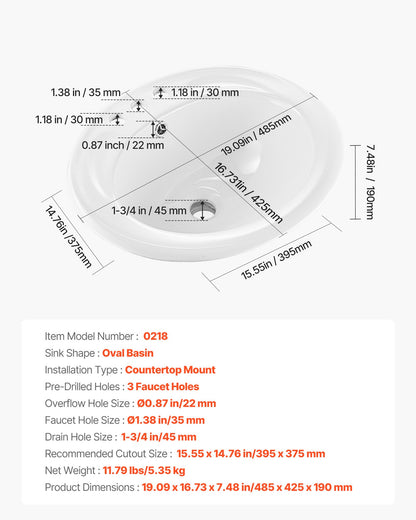 Halvt infällt handfat, 485 x 425 mm ovalt vitt keramikhandfat med överfyllning och 3 kranhål, nedsänkbart modernt toalettställ för badkar/tvättställ för små utrymmen