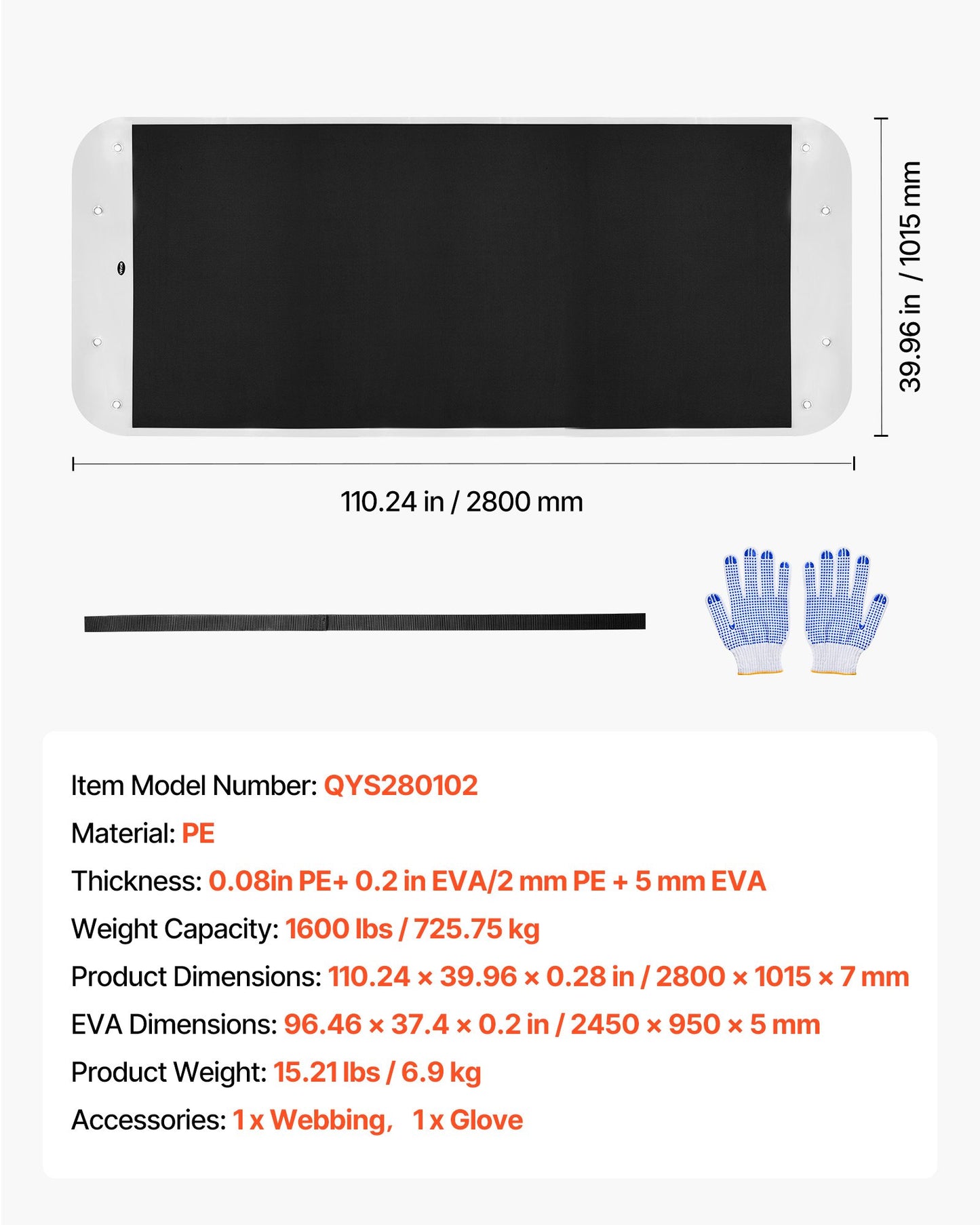 Yard Drag Sled, 280 x 101.5 cm, 725kg Heavy Duty Utility Sled, PE Drag Glider with Ropes & Pull Cable, Dual Use Game Hauler for Firewood Ice Fishing, Compatible with ATVs UTVs Tractors
