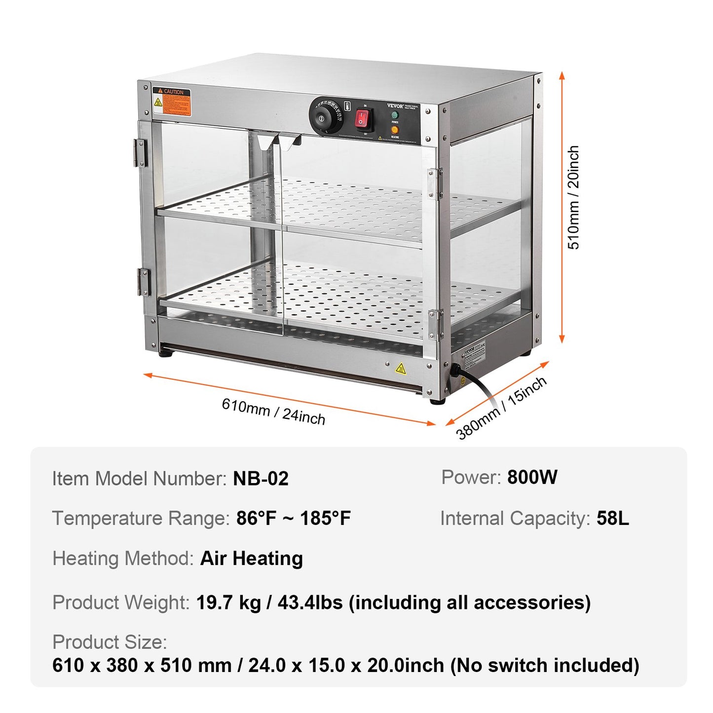 2-Tier Commercial Food Warmer Display, 800W Food Display Warmer with Light to Enhance Food Display, 30℃~85℃ Temperature Control, 58L Large Capacity for Hamburger, Pizza, Bread, Fried Chicken