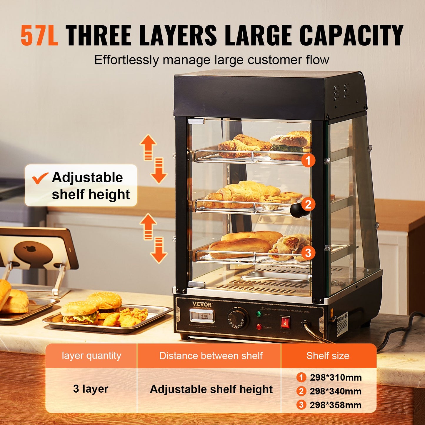 3-Tier Commercial Food Warmer Display, 1000W Food Display Warmer with Light, Adjustable Shelf and Temperature Display, 30℃~85℃ Steam Heating, 57L for Hamburger, Pizza, Bread, Fried Chicken