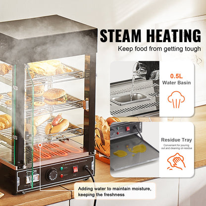 3-Tier Commercial Food Warmer Display, 1000W Food Display Warmer with Light, Adjustable Shelf and Temperature Display, 30℃~85℃ Steam Heating, 57L for Hamburger, Pizza, Bread, Fried Chicken