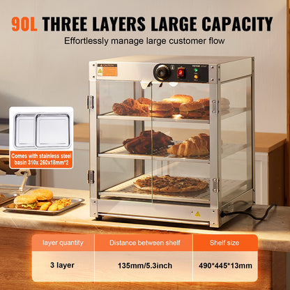 3-Tier Commercial Food Warmer Display, 800W Food Display Warmer with Light to Enhance Food Display, 30℃~85℃ Temperature Control, 90L Large Capacity for Hamburger, Pizza, Bread, Fried Chicken