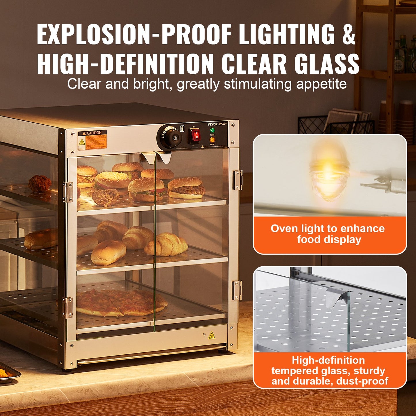 3-Tier Commercial Food Warmer Display, 800W Food Display Warmer with Light to Enhance Food Display, 30℃~85℃ Temperature Control, 90L Large Capacity for Hamburger, Pizza, Bread, Fried Chicken