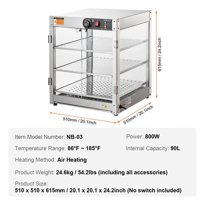 3-Tier Commercial Food Warmer Display, 800W Food Display Warmer with Light to Enhance Food Display, 30℃~85℃ Temperature Control, 90L Large Capacity for Hamburger, Pizza, Bread, Fried Chicken