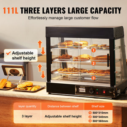 3-vånings kommersiell matvärmare, 1200W matvärmare med belysning, justerbar hylla och temperaturdisplay, 30℃~85℃ ångvärmning, 111L för hamburgare, pizza, bröd, stekt kyckling