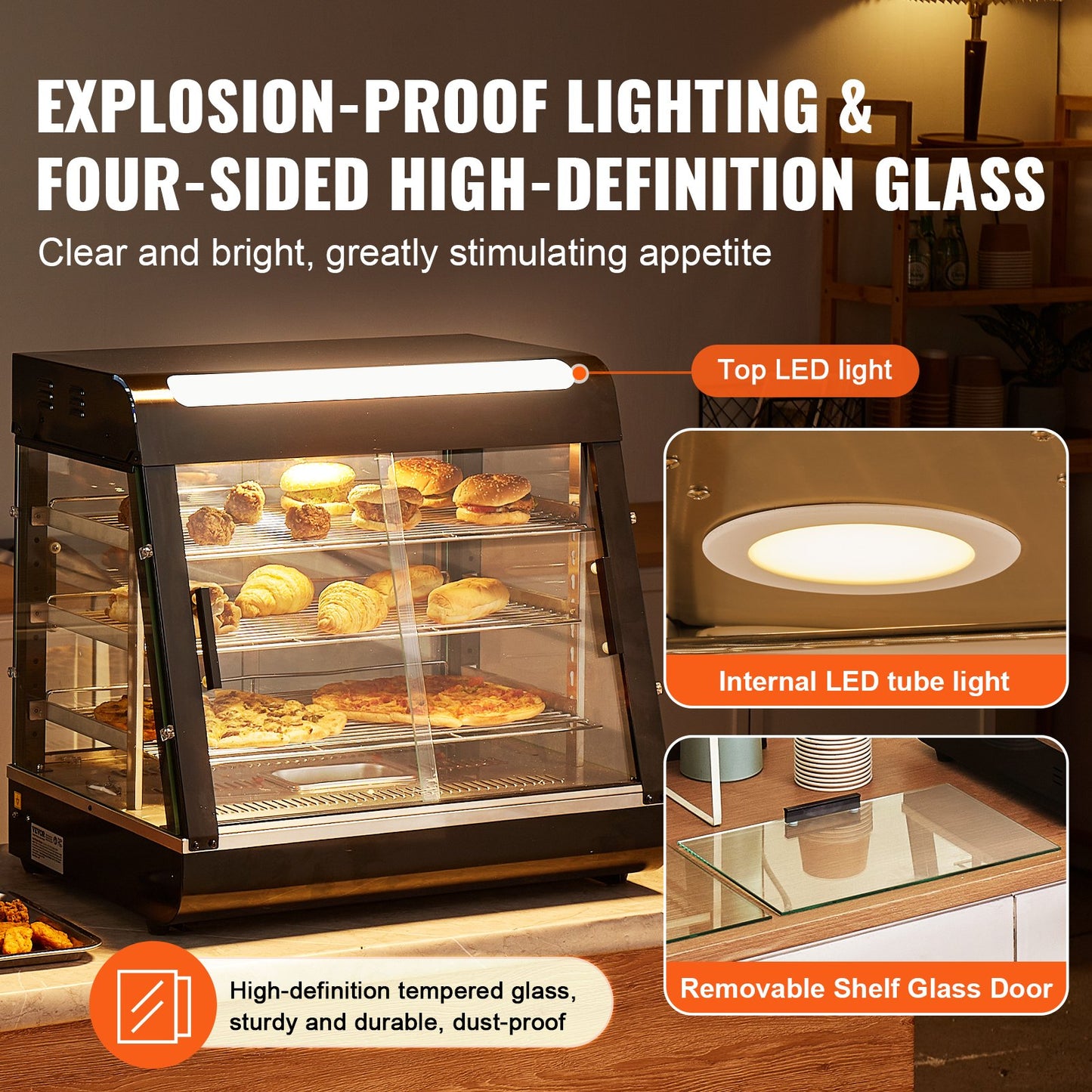 3-vånings kommersiell matvärmare, 1200W matvärmare med belysning, justerbar hylla och temperaturdisplay, 30℃~85℃ ångvärmning, 111L för hamburgare, pizza, bröd, stekt kyckling