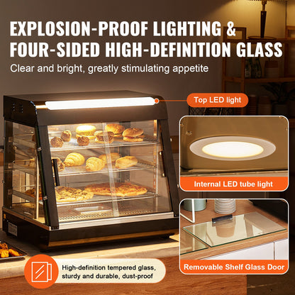 3-vånings kommersiell matvärmare, 1200W matvärmare med belysning, justerbar hylla och temperaturdisplay, 30℃~85℃ ångvärmning, 111L för hamburgare, pizza, bröd, stekt kyckling