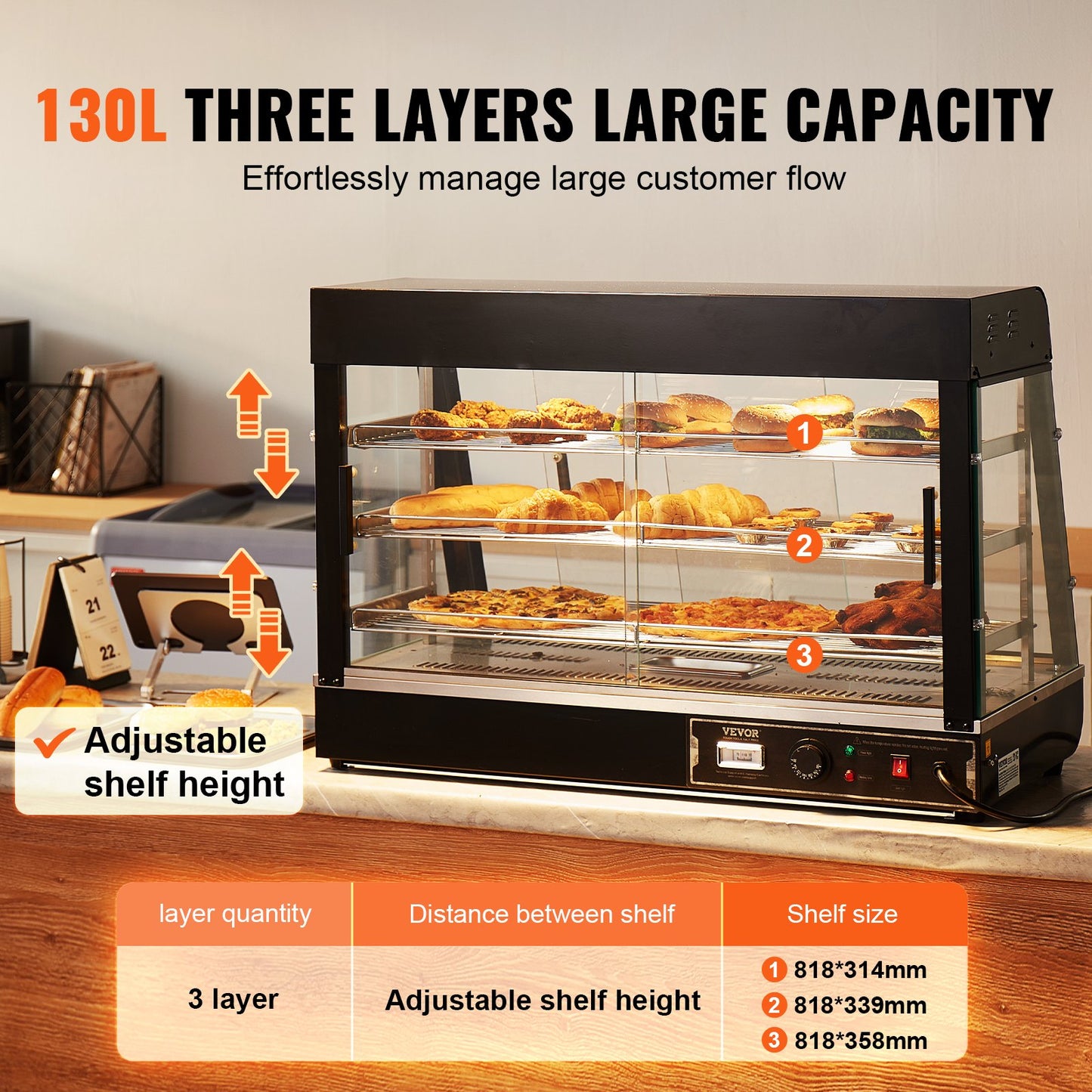 3-Tier Commercial Food Warmer Display, 1500W Food Display Warmer with Light, Adjustable Shelf and Temperature Display, 30℃~85℃ Steam Heating, 130L for Hamburger, Pizza, Bread, Fried Chicken