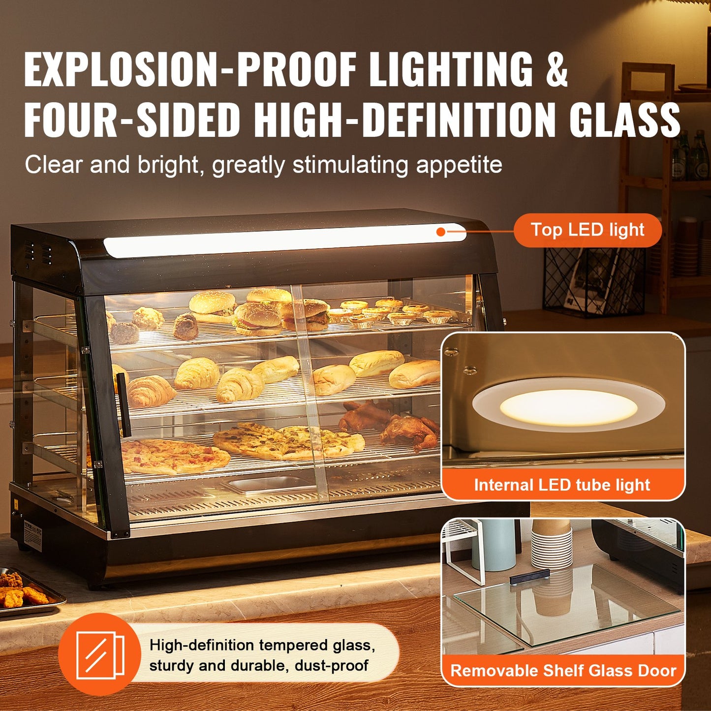 3-Tier Commercial Food Warmer Display, 1500W Food Display Warmer with Light, Adjustable Shelf and Temperature Display, 30℃~85℃ Steam Heating, 130L for Hamburger, Pizza, Bread, Fried Chicken