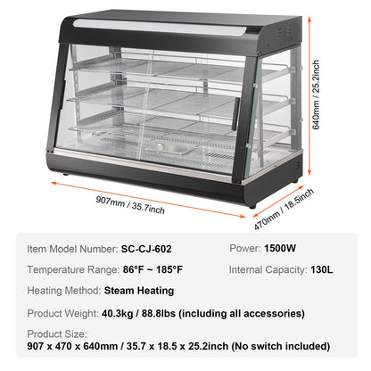 3-Tier Commercial Food Warmer Display, 1500W Food Display Warmer with Light, Adjustable Shelf and Temperature Display, 30℃~85℃ Steam Heating, 130L for Hamburger, Pizza, Bread, Fried Chicken