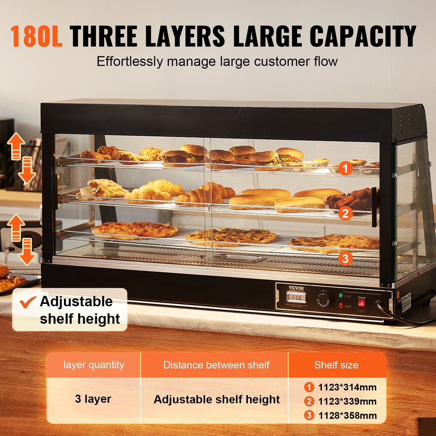 3-Tier Commercial Food Warmer Display, 1500W Food Display Warmer with Light, Adjustable Shelf and Temperature Display, 30℃~85℃ Steam Heating, 180L for Hamburger, Pizza, Bread, Fried Chicken